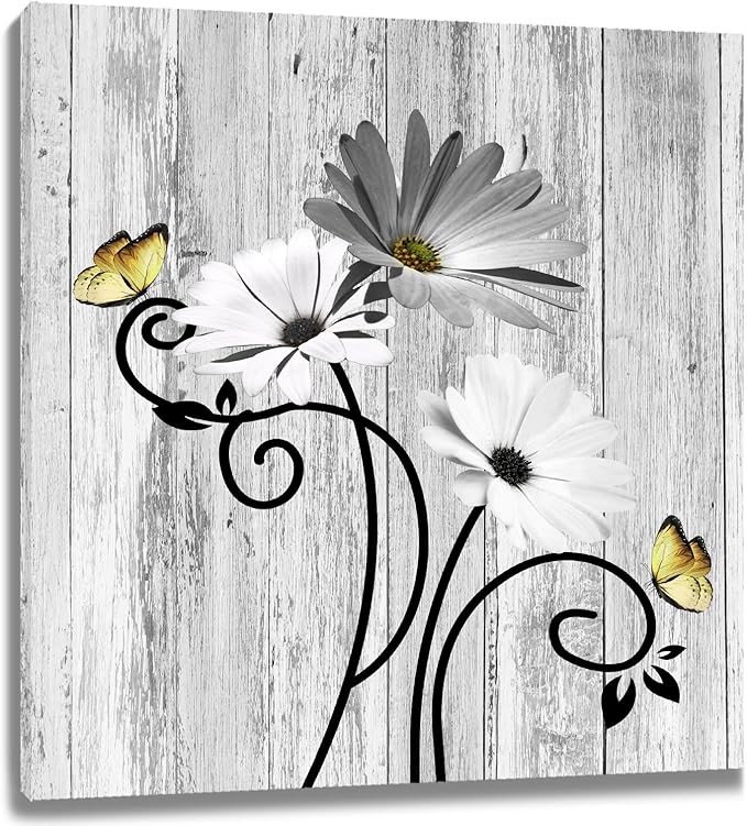 HVEST Grey Floral Wall Art for Living Room Daisy and Butterfly Bathroom Wall Decor, Rustic Farmhouse Plant Framed Wall Art for Bedroom Kitchen Home Office, 12L x 12W Inches