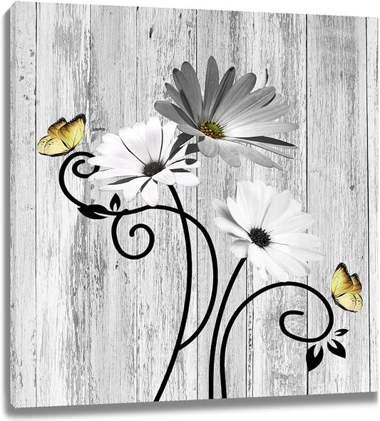HVEST Grey Floral Wall Art for Living Room Daisy and Butterfly Bathroom Wall Decor, Rustic Farmhouse Plant Framed Wall Art for Bedroom Kitchen Home Office, 12L x 12W Inches