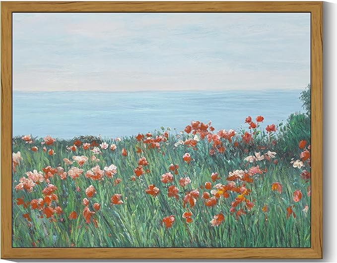 SHENIFY Vintage Framed Wall Art Coastal Wildflower Field Poppy Flower Landscape Scenery Home Decor Retro Decorations for Farmhouse Bedroom Ready to Hang Wall Artwork - 8x10in Natural Framed