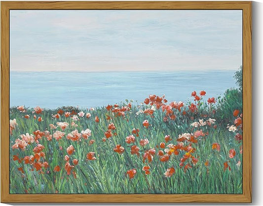 SHENIFY Vintage Framed Wall Art Coastal Wildflower Field Poppy Flower Landscape Scenery Home Decor Retro Decorations for Farmhouse Bedroom Ready to Hang Wall Artwork - 8x10in Natural Framed