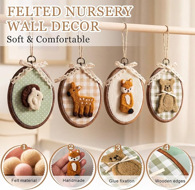 Soulchen 4 Pcs 5 x 6 Inch Felted Nursery Wall Decor with Bear Fox Deer Hedgehog Cute Animal Wall Art Decorative Artwork for Nursery Bathroom Living Room Baby Room Bedroom Farmhouse Decoration