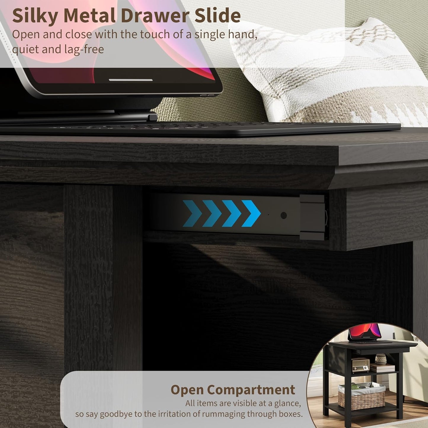 Rresyet Sliding Side Table Set of 2 with Charging Station & 2-Tier Storage,Farmhouse End Table, Wooden Nightstand for Bedroom & Living Room,White (Black)