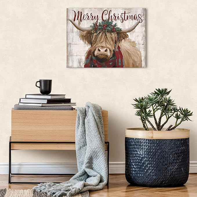 Christmas Highland Cow Wall Art Merry Christmas Sign Poster Rustic Farmhouse Cow Pictures Wall Decor Rustic Wood Grain Farm Animal Canvas Prints Artwork for Kitchen Dining Room Home Decoration 12x16"