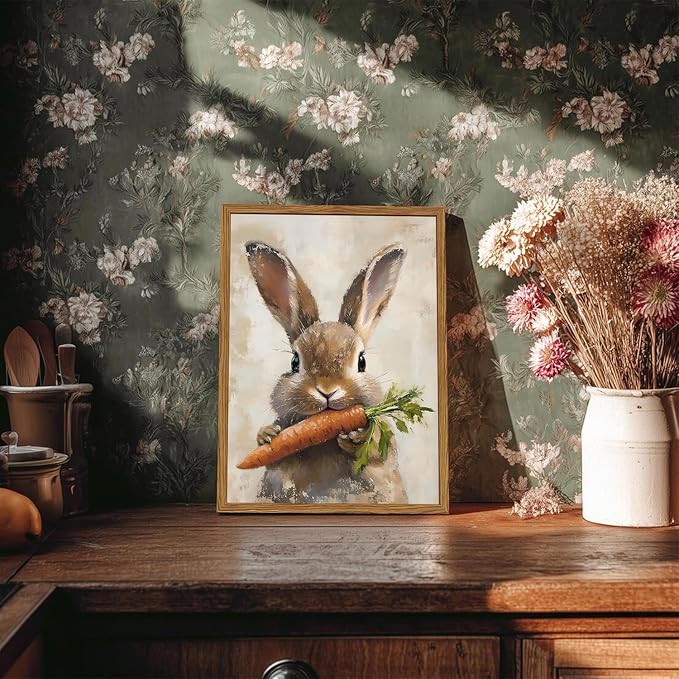 Framed Vintage Rabbit Canvas Wall Art, Cute Easter Bunny with Carrot Pictures Wall Decor, Spring Farmhouse Animal Paintings Prints Cottagecore Home Decor for Living Room Kitchen Nursery 16x24 inch