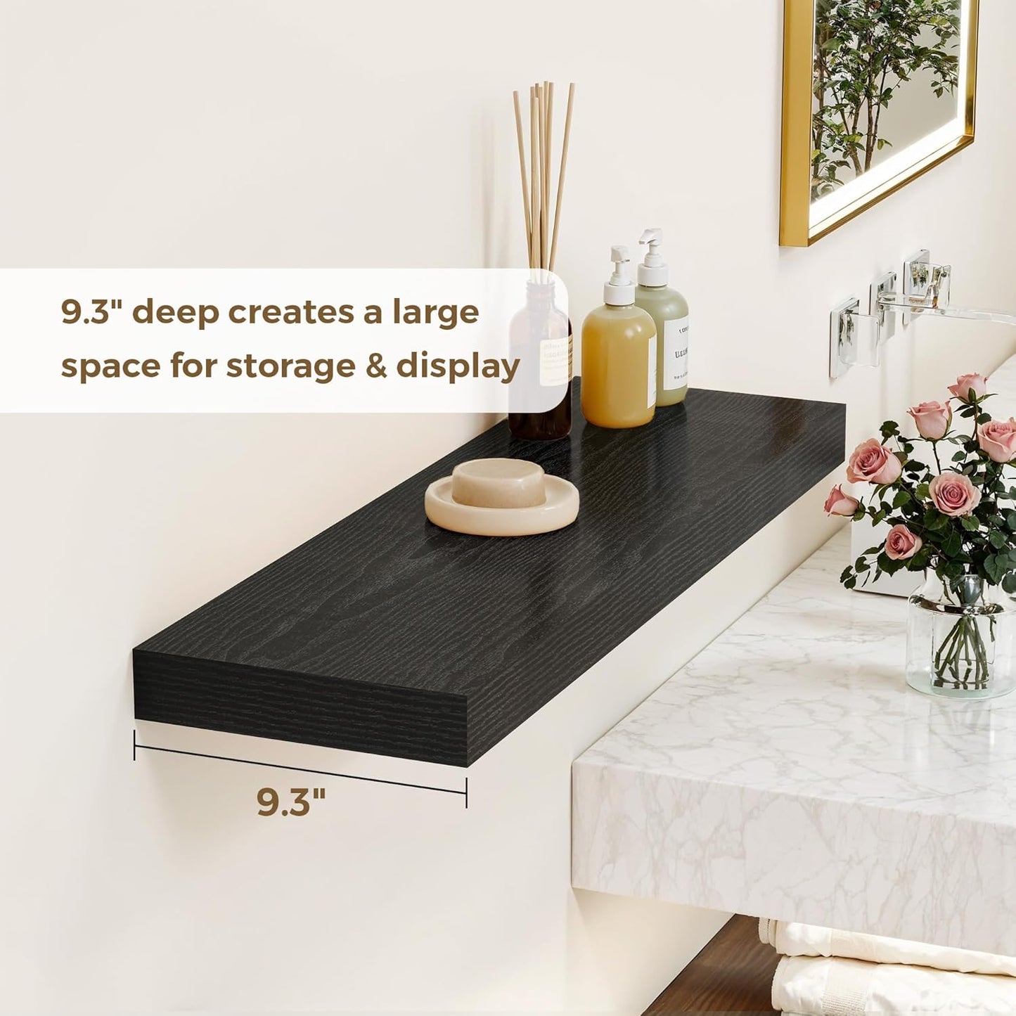 Dreamland 40 Inches Floating Shelves for Wall, 9.3" Deep Long Floating Shelves Set of 2, Large Display & Storage Shelf, Wall Shelf for Bathroom Bedroom Living Room Kitchen Office, Black