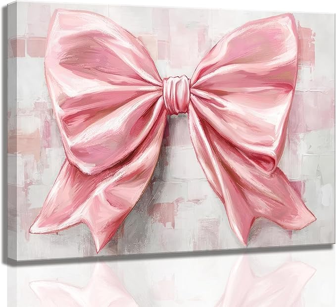 Pink Bow Canvas Wall Art Trendy Cute Preppy Watercolor Bow Painting Pictures Wall Decor Posters Prints Girly Aesthetic for College Apartment Bedroom Decoration