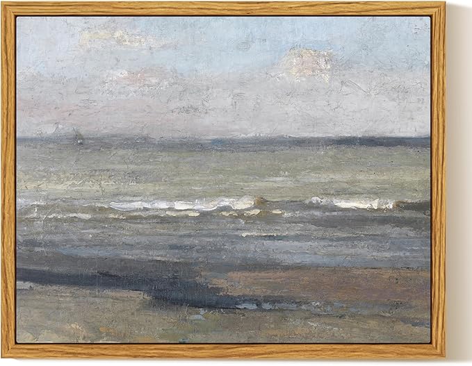 InSimSea Framed Canvas Print Art, Vintage Coastal Beach Landscape Painting, Rustic Farmhouse Cottage Decor for Hallway Wall Floating Shelf Desk Vanity Fireplace,10x8in, Neutral Tones
