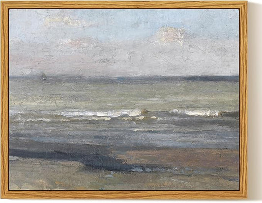 InSimSea Framed Canvas Print Art, Vintage Coastal Beach Landscape Painting, Rustic Farmhouse Cottage Decor for Hallway Wall Floating Shelf Desk Vanity Fireplace,10x8in, Neutral Tones