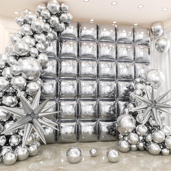 36pcs Metallic Silver Square Foil Balloons Wall Backdrop with 79pcs Balloon Garland Arch Kit, Double Sided Balloon for Bachelorette Baby Shower Birthday Anniversary Graduation Party Decorations