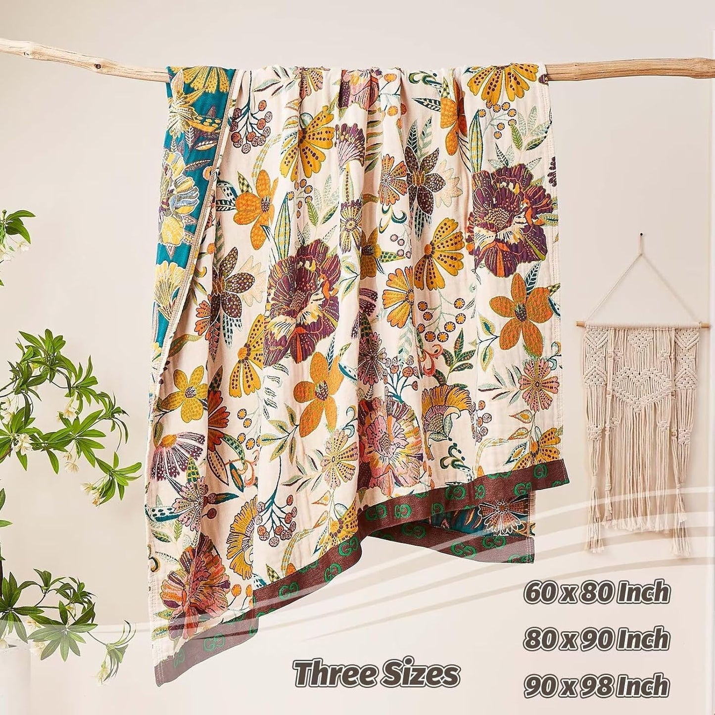 Boho Throw Blanket, 100% Cotton Ultra Soft Luxury Throw Rustic Quilt, 90"x98" Floral Printed Farmhouse Decor Bed Summer Blankets, All Season Rustic Reversible Bohemian Throw for Bed - White