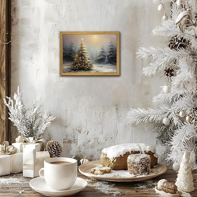 Vintage Christmas Wall Art, Vintage Pine Tree Canvas Wall Decor Painting, Rustic Winter Tree Print, Botanical Winter Art, for Table Farmhouse Mantel Home Office 12x16 Inch Wood Framed