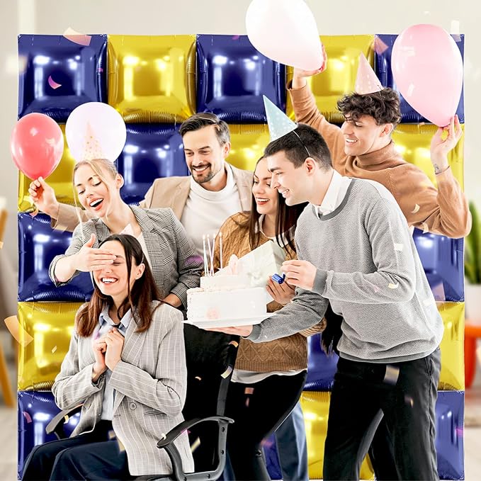 NISOCY 25PCS Blue Gold Square Foil Balloons Wall Backdrop Double Sided Navy Blue Gold Balloons Arch Kit for Birthday Graduation Baby Shower Wedding Anniversary Party Decorations