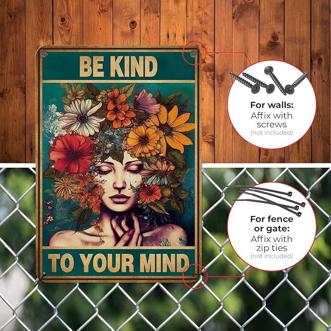 HYBLOM Vintage Room Decor, Boho Office Decor, Be Kind to Your Mind Wall Art Signs, Hippie Posters for House Aesthetic, Retro Metal Sign 12x8 Inches