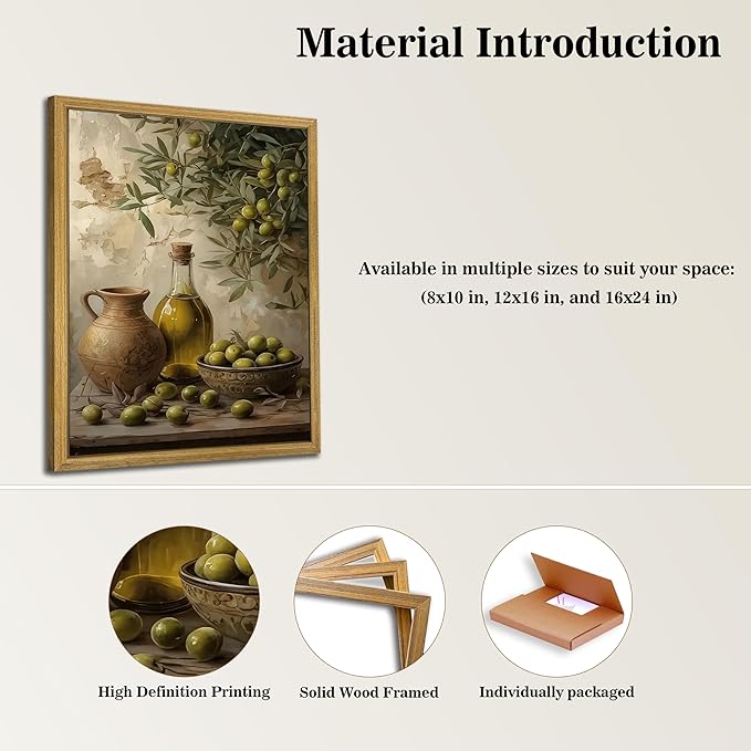Wood Framed Olive Kitchen Wall Art, Vintage Rustic Still Life Canvas Print, Green Olives Poster Print Picture, Fruit Wall Decor Painting for Dining Room Cafe Restaurant Farmhouse Home Decor 12x16 inch