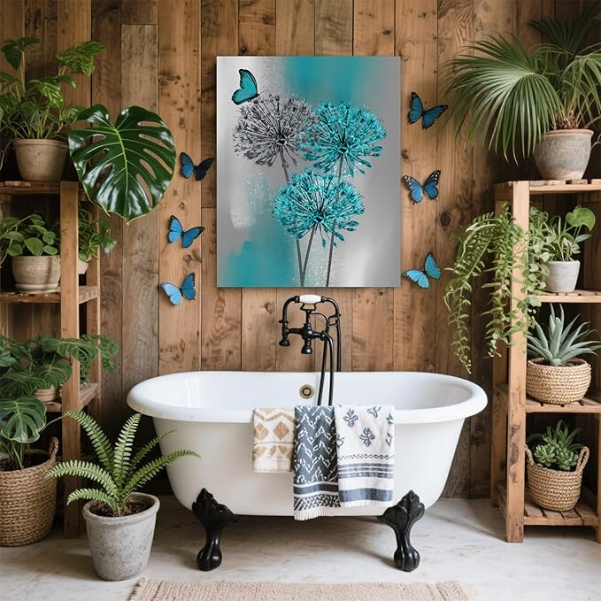 LB Teal Dandelion Canvas Wall Art Teal Grey Dandelion with Butterfly on Modern Abstract Wall Art Aesthetic Wall Decor for Living Room Bedroom Bathroom Office, Framed Ready to Hang 16Lx12W