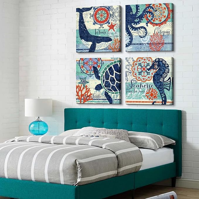 4 Panel Teal Blue Home Wall Art Decor Framed Artwork for Bathroom Living Room Canvas Print Beach Coastal Sea Turtle Octopus Seahorse Whale Pictures Posters Bedroom Decoration 24 x 24 / Piece Set