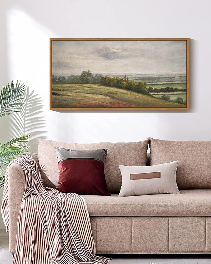SHENIFY 20x40in Extra Large Vintage Framed Wall Art White Clouds Over Vast Grassland Landscape Painting Retro Meadow Scenery Farmhouse Bedroom Above of Bed Living Room Decor - Natural Framed