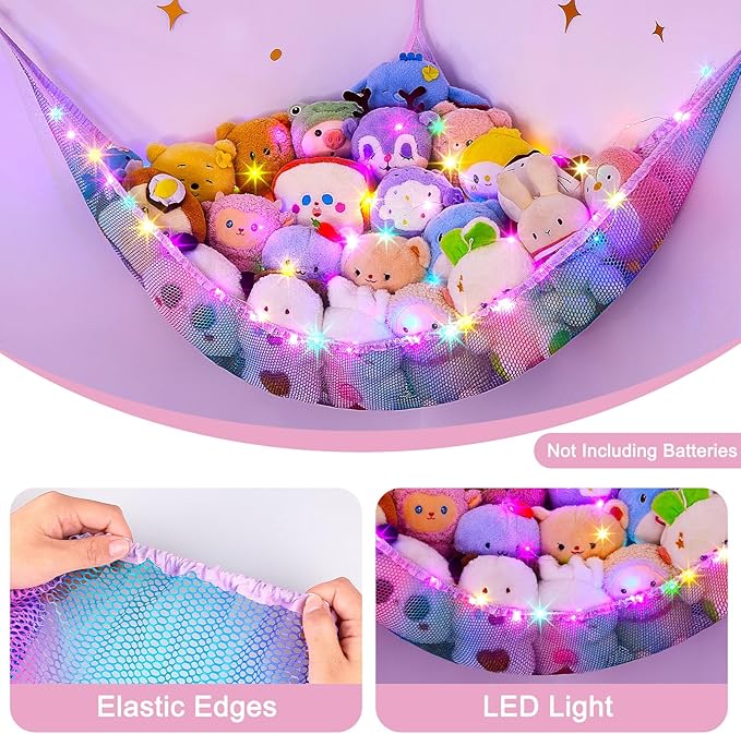 Unicorn Castle Stuffed Animals Net or Hammock Kids Toy Storage Organizer with LED Light Hanging Corner Stuffed Animals Holder Kids Girls Room Decor,Pink-Blue-Purple,Large (Pack of 1)