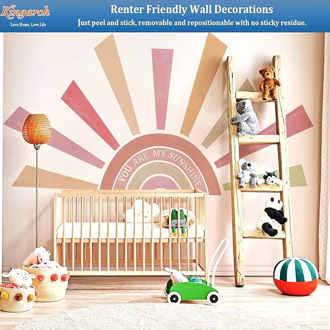 Large Rainbow Sun Wall Decals, Inspirational Peel and Stick Fabric Nursery Wall Decor, Removable Home Room Wall Decor Murals Stickers for Kids Girls Toddler Bedroom Living Room Playroom