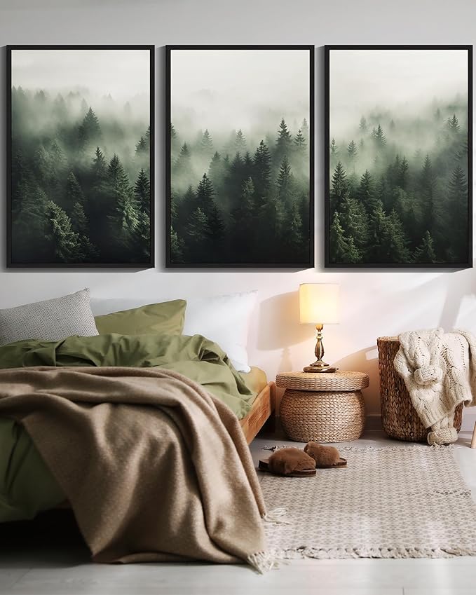 SHENIFY Green Fog Pine Tree Forest Canvas Wall Art Large 24x36in Framed Modern Artwork Prints Decor - Black Framed