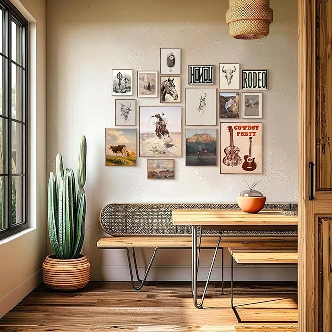 Western Wall Decor Vintage Wall Art,Southwestern Decor for Home Vintage Cowboy Pictures,Boho Ranch Desert Southwestern Wall Art,Farmhouse Artwork Prints for Western Bathroom Decoration,Unframed,16pcs