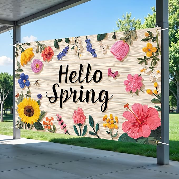 Hello Spring Backdrop 71''x 43'' Hello Spring Banner Flower Butterfly Backdrop Decorations for Photography Background Photo Prop Booth Party Decor