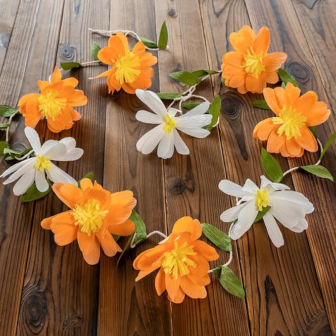 EASY JOY Crepe Paper Flowers Banner White Orange Floral Banner Spring Hanging Paper Flower Leaves Garlands for Spring Birthday Wedding Home Decorations