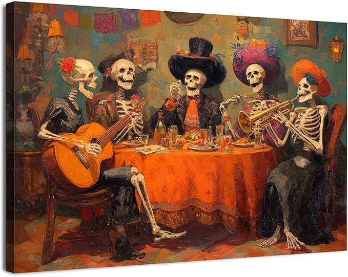 Halloween Canvas Wall Art Skull Wall Decor Skeletons Party Canvas Prints Pictures Mexican Day of the Dead Festival Posters Gothic Painting for Living Room Bedroom Kitchen Home Decorations 16x24"
