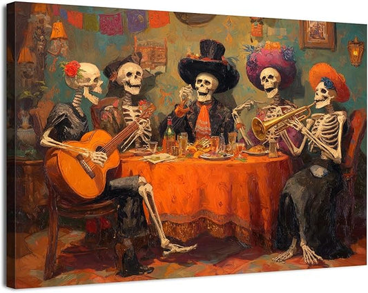 Halloween Canvas Wall Art Skull Wall Decor Skeletons Party Canvas Prints Pictures Mexican Day of the Dead Festival Posters Gothic Painting for Living Room Bedroom Kitchen Home Decorations 16x24"