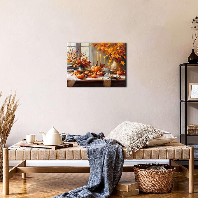 Pumpkin Wall Art Fall Kitchen Wall Decor Farmhouse Halloween Canvas Prints Pictures Autumn Maple Leaves Painting Rustic Thanksgiving Harvest Themed Artwork for Dining Room Home Decoration 12x16"