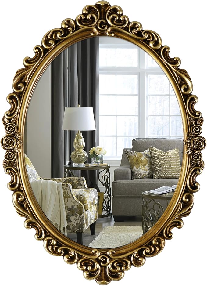 OIGUMR Medium Oval Wall Mirror Resin Frame Size：20.4 x 14.5 inch Vintage Hanging Mirrors for Bedroom Living-Room Dresser Decor Gold