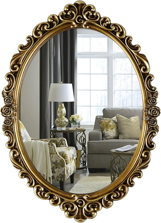 OIGUMR Medium Oval Wall Mirror Resin Frame Size：20.4 x 14.5 inch Vintage Hanging Mirrors for Bedroom Living-Room Dresser Decor Gold