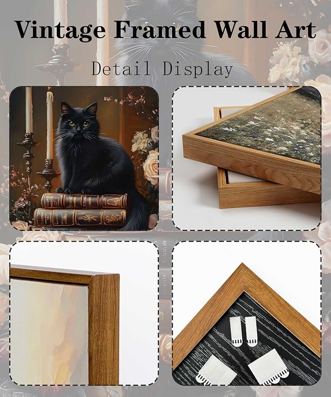 Framed Dark Academia Moody Wall Art Victorian Black Cat Wildflower Book Floral Wall Decor Picture Gothic Vintage Antique Aesthetics Poster Prints for Gallery Library Bookstore Decoration 8x10in
