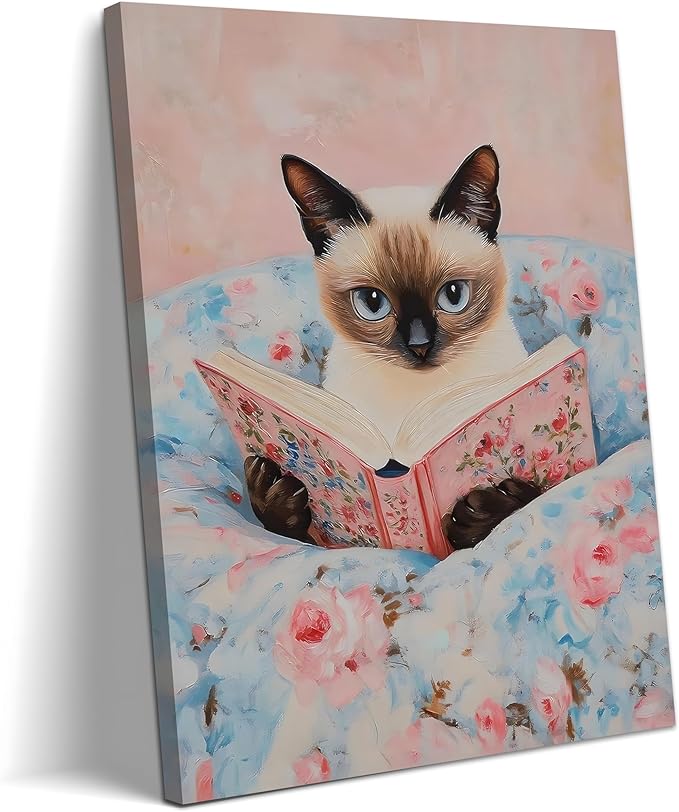 Framed Cat Reading Book Canvas Wall Art, Cute Pink Siamese Cat Wall Decor Print Painting, Funny Animal Lovers Picture for Bedroom Living Room Kids Room Girls Room Home Decor 12x16 Inch