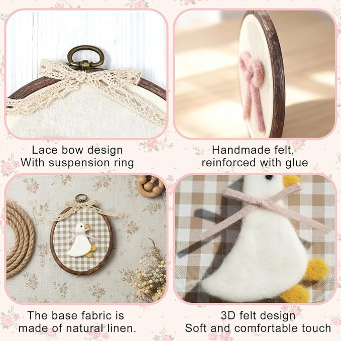 Soulchen 3 Pcs Felted Nursery Wall Decor with Goose Bow Hot Air Balloon 5 x 6 Inch Cute Animal Wall Art Vintage Decorative Artwork for Nursery Bathroom Living Room Baby Room Bedroom Farmhouse Decor