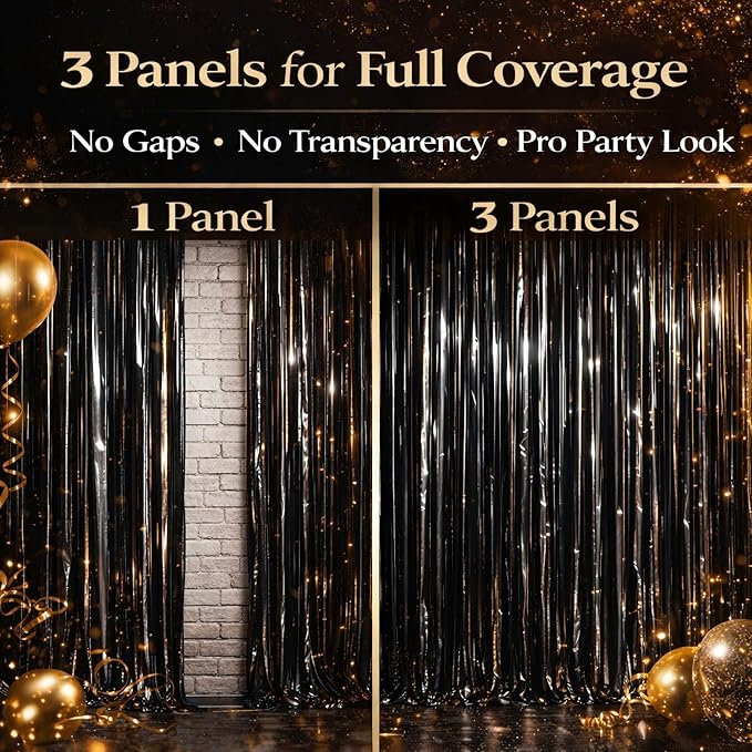 Black Foil Fringe Curtains Party Decorations – 3 Pack 3.2 x 8.2 ft Shiny Black Tinsel Curtain Backdrop for Birthday, Graduation & Photo Booth, Easy to Install