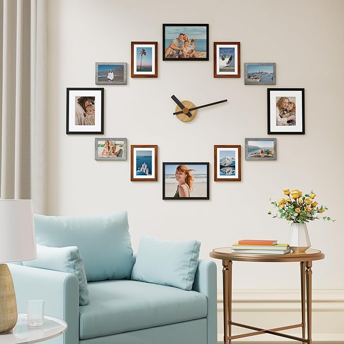Vittanly 12 Pack Picture Frames Collage Wall Decor for Mounting or Tabletop Display, Gallery Wall Frame Set for Family, Multi Sizes Including 4pcs 8x10, 4pcs 5x7, 4pcs 4x6, Black & Walnut Brown & Grey