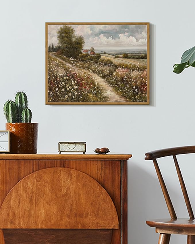SHENIFY Vintage Landscape Framed Wall Art Rustic Countryside Wildflower Field Farmhouse Decor Retro Meadow with Flowers Painting for Kitchen Living Room Bedroom Bathroom - 11x14in Natural Framed
