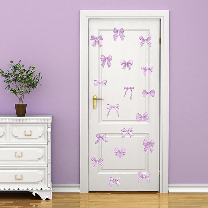 A1diee Purple Bow Wall Stickers - 60Pcs Trendy Light Purple Watercolor Coquette Aesthetic Wall Stickers Bow Knot Baby Room Decor Vinyl Decals Art Wallpaper for Boys Girls Bedroom Kindergarten Nursery