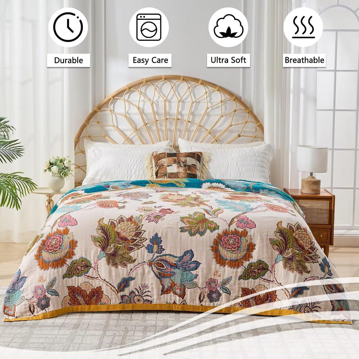Boho Throw Blanket for Couch,100% Cotton Summer Blanket for Bed, Ultra Soft Rustic Quilt for Bed, Home Decor, Boho Picnic Blankets with Pomegranate for All Seasons 60"x80"