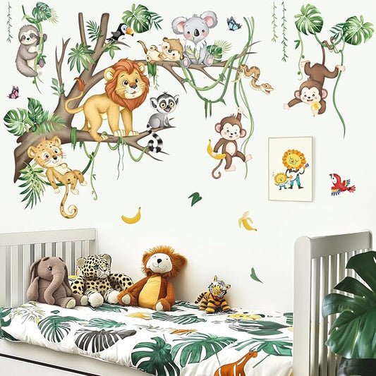 decalmile Large Jungle Animals Tree Branch Wall Decals Safari Lion Leopard Koala Monkey Wall Stickers Living Room Baby Nursery Kids Room Wall Decor(XL)