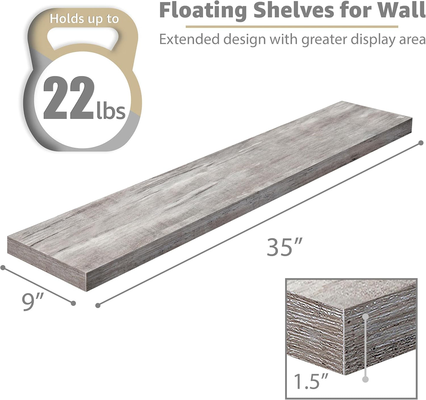 Sorbus Floating Shelves for Wall - 35 Inch Long Bathroom Shelves, Wall Decor for Bedroom, Kitchen, Living Room & Book Storage - Mounted Floating Shelf with Invisible Brackets (Gray, 3 Pack)