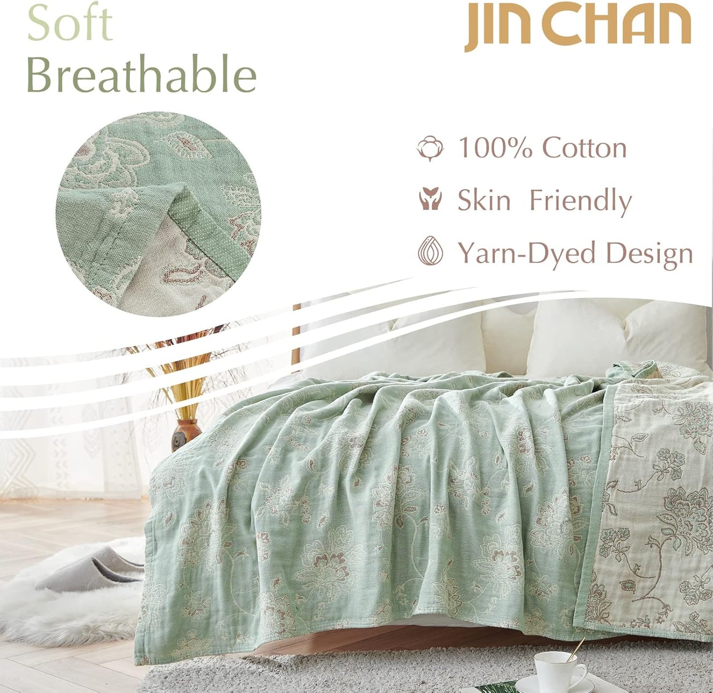 jinchan Boho 100% Cotton Muslin Twin Size 60x80 Inches Blanket Lightweight 4-Layer Quilted Soft Green and Beige Floral Throw Blanket Reversible Comfy Flower Breathable All Seasons Couch Bedroom Decor