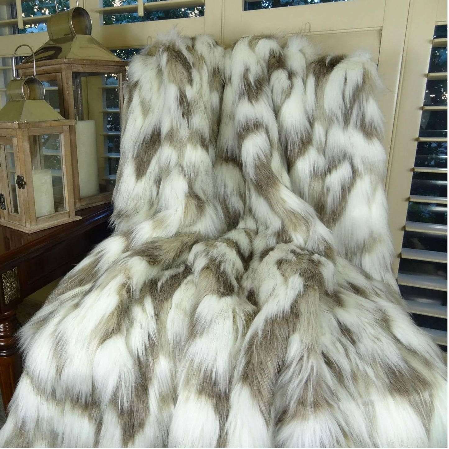 Ivory Faux Fur Throw Blanket & Bedspread - Tibet Fox Fur - Ivory Beige Luxury Faux Fur - Throw Blanket - Luxury Soft Faux Fur, Made in USA, 16445