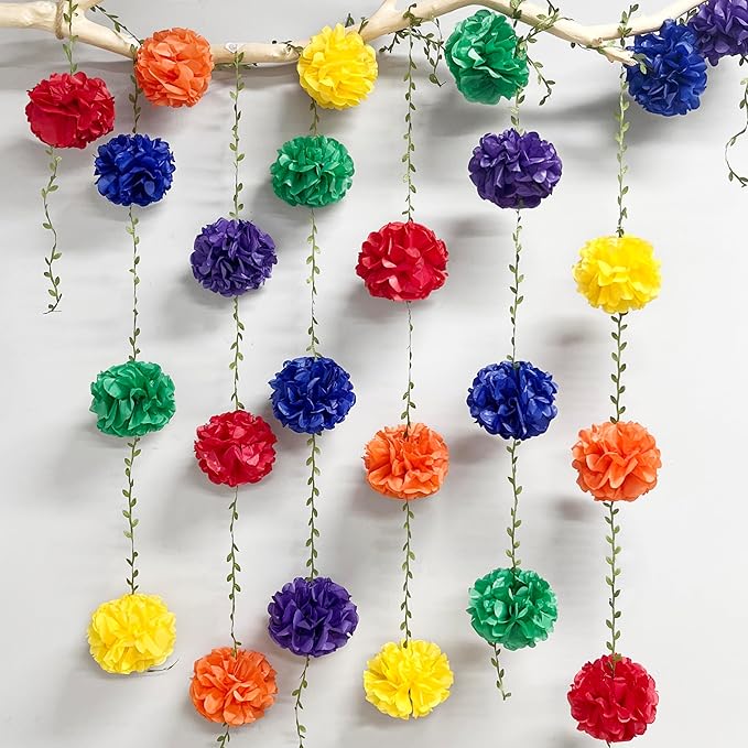 Rainbow Party Decorations Colorful Tissue Paper Flowers Pom Pom with Leaf Ribbon Hanging Garland Streamer for Multi-color Birthday Baby Shower Wedding Carnival Clown Fiesta Festival Party Supplies