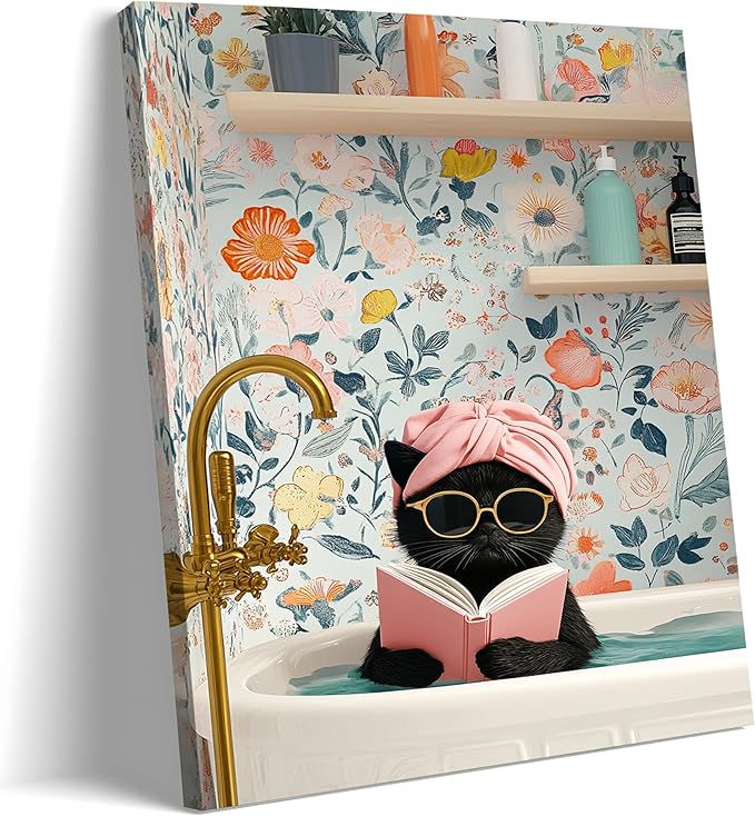 Funny Black Cat Bathroom Wall Art, Bathroom Animal Pictures Canvas Prints, Framed Cute Cat Posters Wall Decor for Living Room Bedroom Toilet Kids Room Wall Paintings 16x24 inch