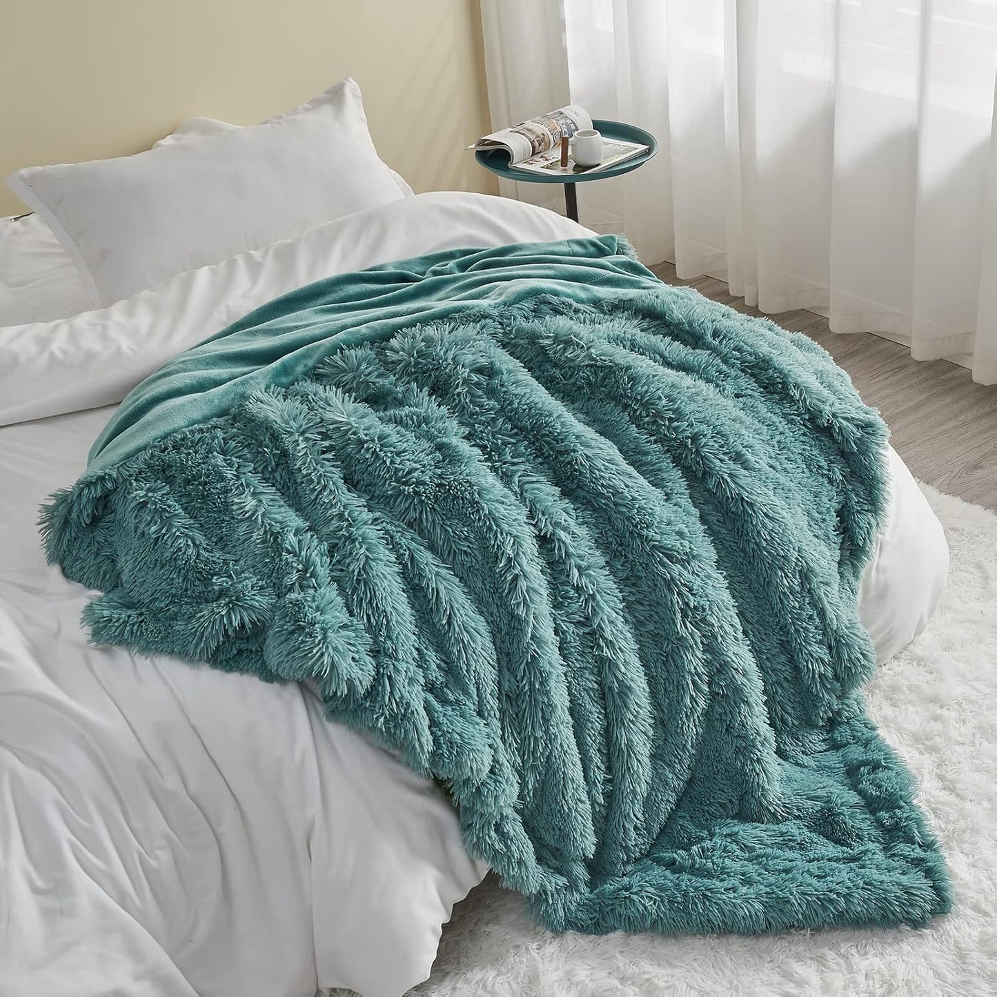 GONAAP Fuzzy Faux Fur Throw Blanket Light Teal Super Soft Cozy Plush Fuzzy Shaggy Blanket for Couch Sofa Bed (Light Teal, Throw(50"x60"))