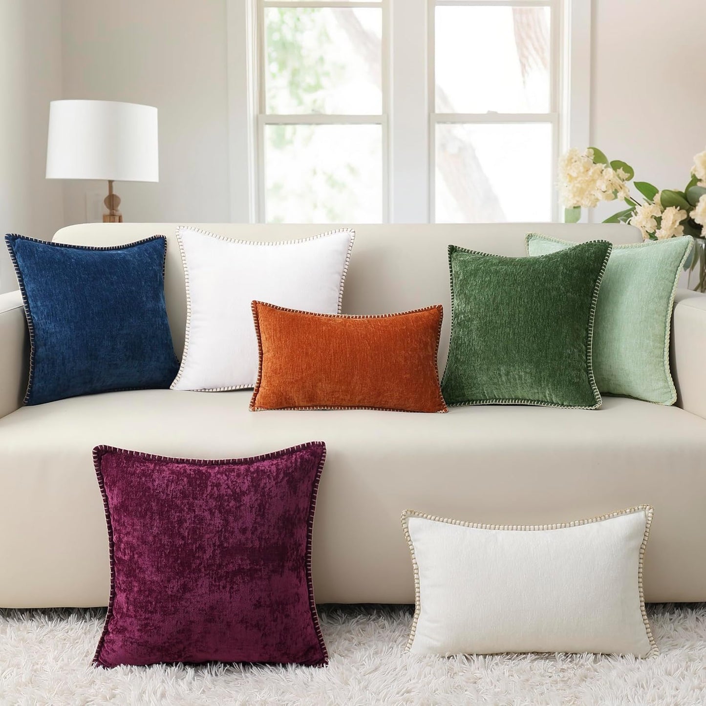 decorUhome Chenille Soft Throw Pillow Covers 12x20 Set of 2, Lumbar Velvet Farmhouse Neutral Decorative Euro Pillow Covers with Stitched Edge for Couch Sofa Bed Home Decor, Rhododendron