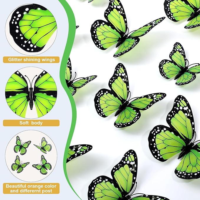 Chuangdi 48 Pcs Green Monarch Butterfly Decorations 3 Size Fake Butterflies Realistic Butterfly Craft Artificial Mariposas Wall Decor for Craft Wedding Home Birthday Party (3.2inch,4inch,4.7inch)