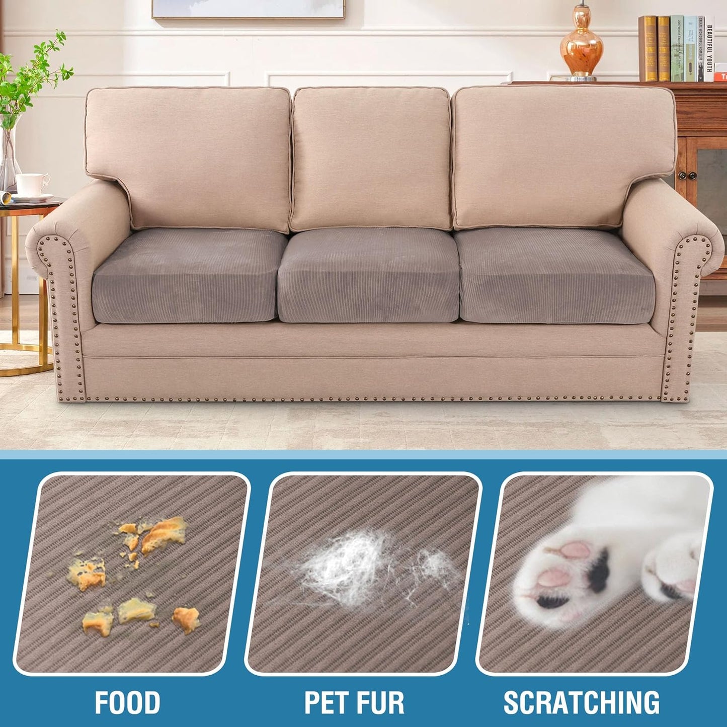 H.VERSAILTEX Velvet Stretch Couch Cushion Cover Plush Cushion Slipcover for Chair Loveseat Sofa Cushion Furniture Protector Seat Cushion Sofa Cover (3 Piece XL Sofa Cushion Covers, Taupe Striped)